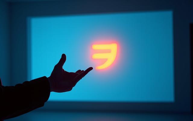 Ein stilisiertes Markenlogo, das auf einem projizierten Bildschirm vor einer professionellen Präsentation angezeigt wird, zur Visualisierung der Markenpositionierung.