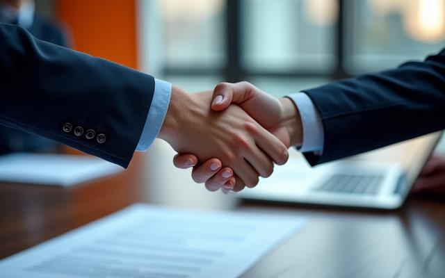 Zwei Geschäftspartner reichen sich die Hände über einem Tisch, auf dem Verträge liegen, symbolisiert die Entwicklung von Geschäftsbeziehungen und Partnerschaften.