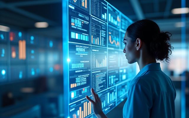Eine moderne Büroansicht mit interaktiven Dashboards und Datenvisualisierungen, die den Erfolg im Vertrieb symbolisieren.
