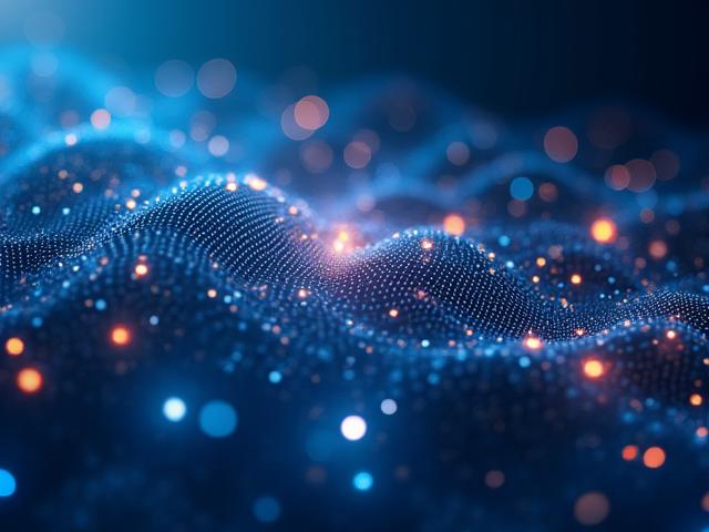 Abstrakte, futuristische Grafik mit leuchtenden Datenströmen und neuronalen Netzwerken, Symbol für KI und Digitalisierung.