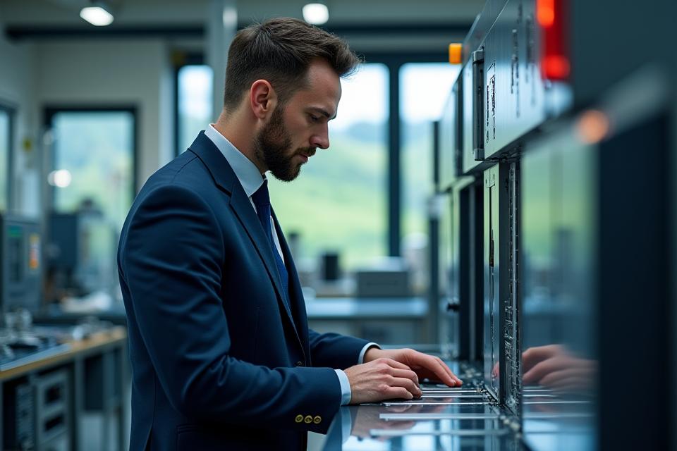 Professionelles Foto eines Ingenieurs, der eine Präzisionsmaschine bedient, im Hintergrund verschwommene britische Industrielandschaft
