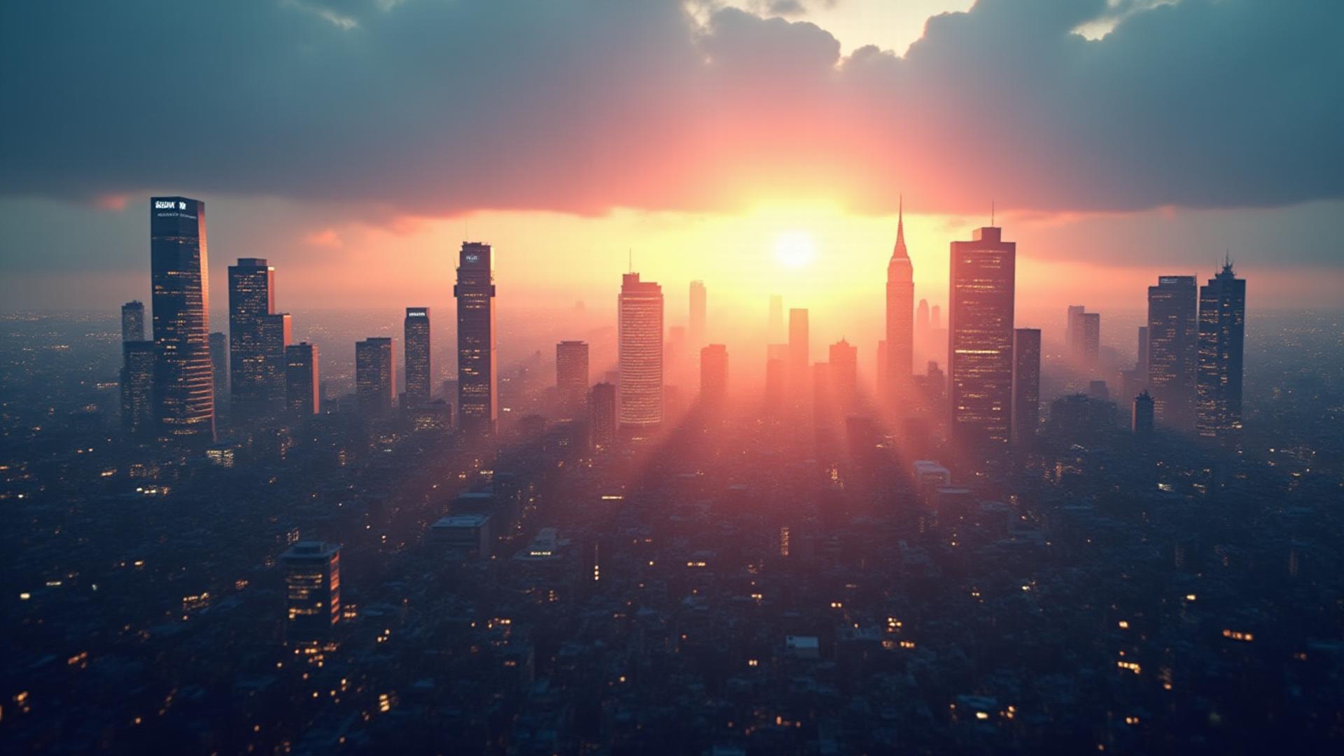 Impression einer modernen britischen Skyline bei Sonnenaufgang mit einem subtilen abstrakten Daten-Overlay, symbolisiert den UK-Markt und datengestützte Strategien.