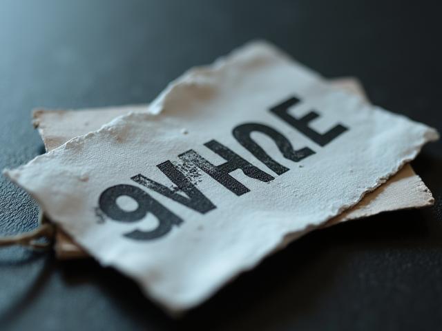 Grauer, verschwommener Markenname auf einer Visitenkarte oder einem Produkt, symbolisiert mangelnde Sichtbarkeit und Unklarheit.