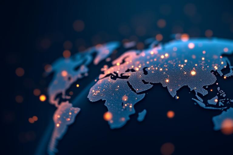 Abstrakte grafische Darstellung eines vernetzten globalen Netzwerks mit leuchtenden Verbindungen