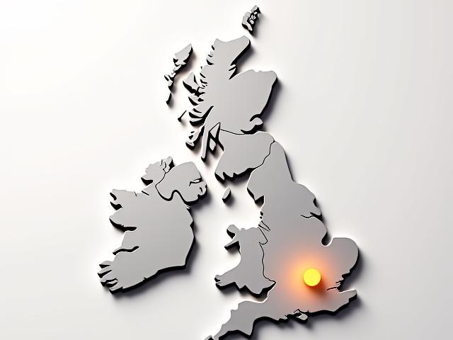 Stilisierte Karte von Großbritannien mit Leicester zentral hervorgehoben und Verbindungslinien zu großen Städten.