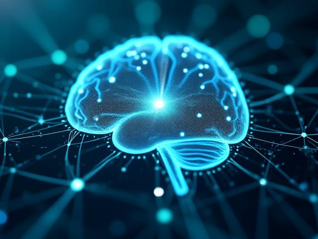 Abstrakte Darstellung eines menschlichen Gehirns, umgeben von leuchtenden Datenströmen und digitalen Schnittstellen, symbolisiert KI-gesteuerte Analysen und intelligente Entscheidungen im Vertrieb.