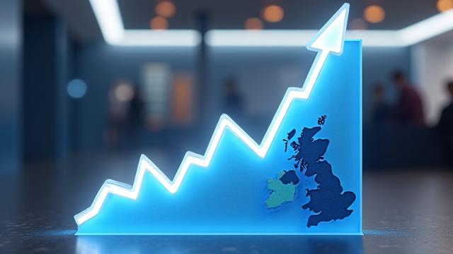 Stark steigendes Umsatzwachstum visualisiert durch eine stilisierte, moderne Liniengrafik vor einem abstrakten Hintergrund, der Erfolg und Expansion im UK-Markt symbolisiert.